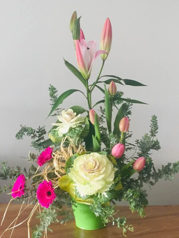 Oriental lilies, white khale, pink daisies and soft grey foliage